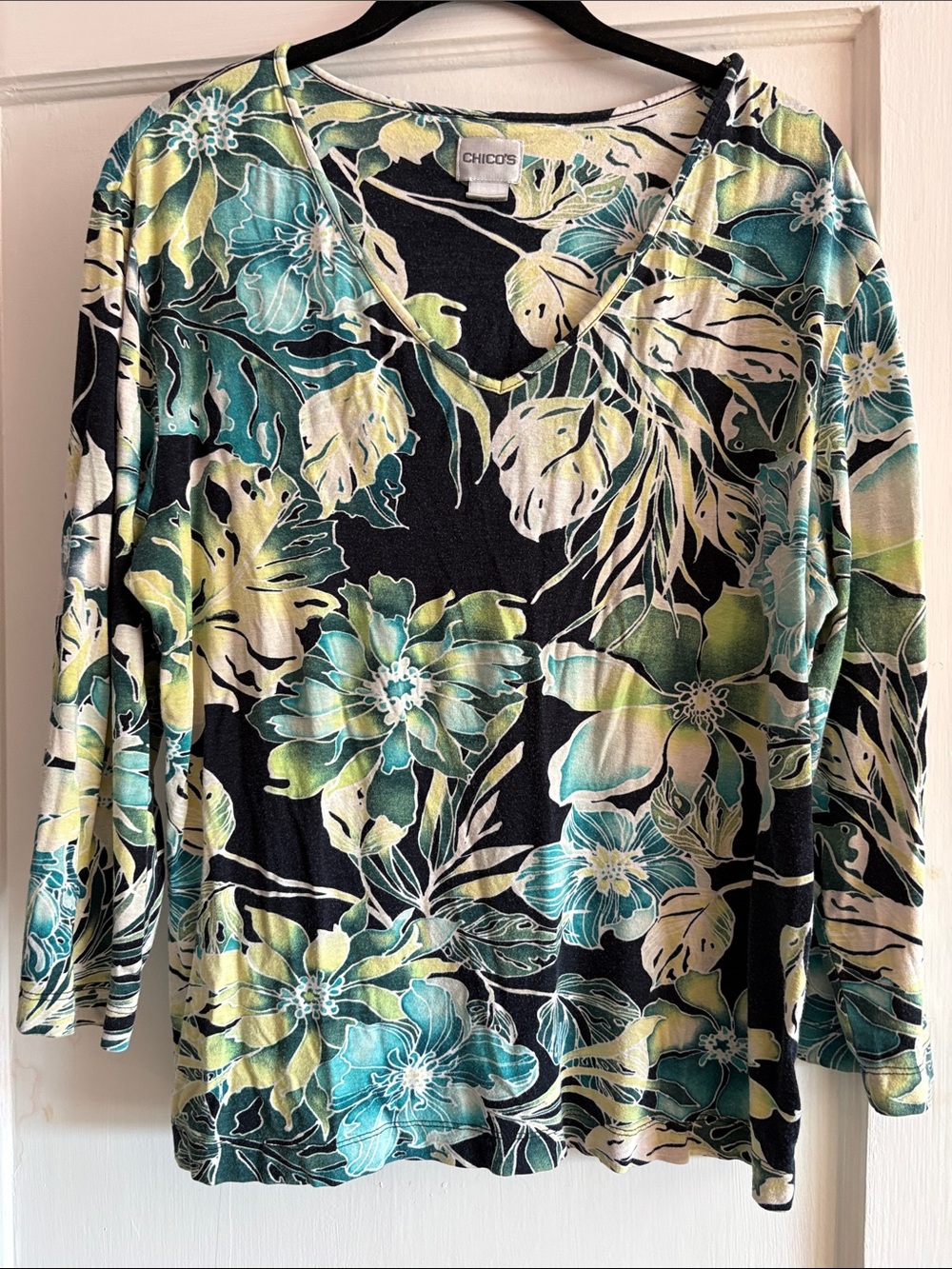 Chico's Black Floral V-Neck Long Sleeve Top with Teal & Lime Bloom